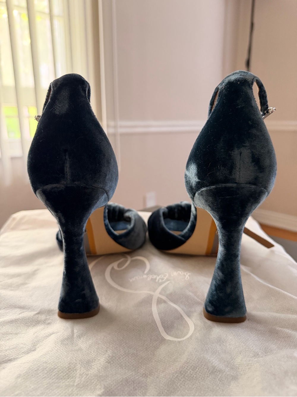 Velvet Knot Front Ankle-Strap Heels in Teal - Picture 3 of 4